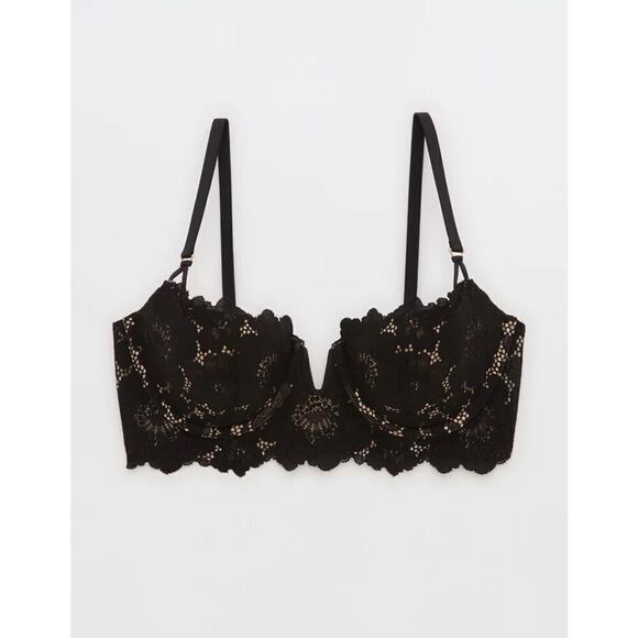 Aerie Real Power Balconette Poppy Lace Bra In True Black Size 38B - Picture 4 of 12